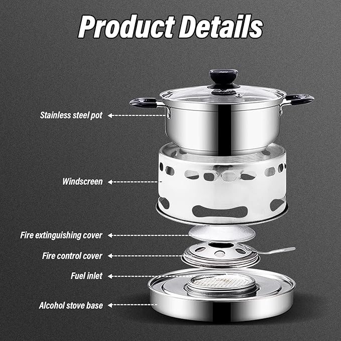 Camping Stove With Pot 16cm Stainless Steel Alcohol Stove Portable Camp Oven Cookware Set for Indoor Outdoor Camping Hiking Backpacking Picnic, No Electricity Required Adjustable Fire (1-2 people)