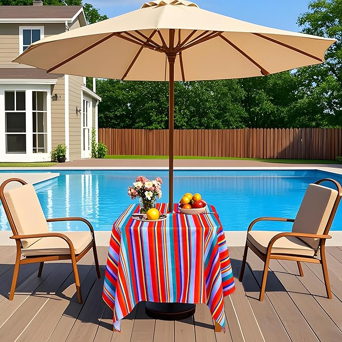 SquarePie Outdoor Tablecloth Rectangle with Umbrella Hole Waterproof Patio Table Cloth Spill Proof Wrinkle Free Table Cover for Spring Summer Picnic Garden Party, 52x70 Color Stripe