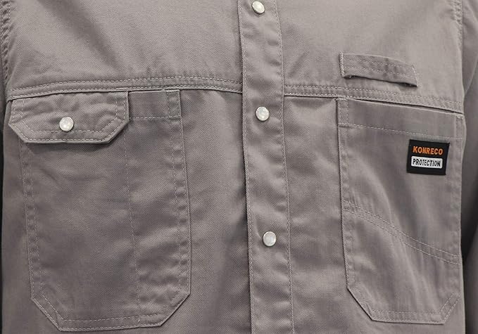 KONRECO FR Shirts for Men Fire Resistant Button Down Work Shirt 100% Cotton 6.5oz Lightweight Welding Shirts