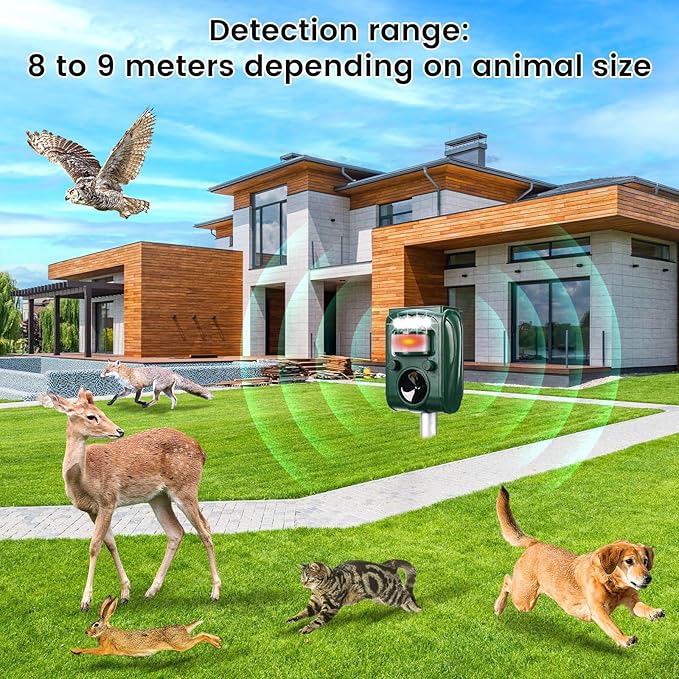 Ultrasonic Pest Repellent,Solar Animal Repeller,Outdoor Cat Repellent,Bird Repellent,Deer Repellent.Dog,Raccoon,Squirrel Repellent,Motion Activated LED Flashing Light Alarm Sound Animal Repeller