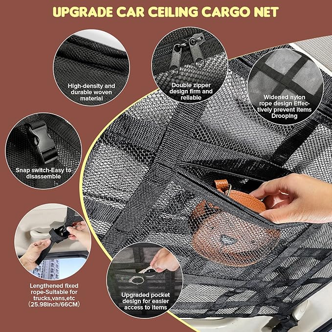 Upgrade Car Ceiling Cargo Net Pocket,31.5"x21.6" Strengthen Load-Bearing and Double-Layer Mesh Car Roof Storage Organizer,Truck SUV Van Travel Long Road Trip Camping Interior Accessories
