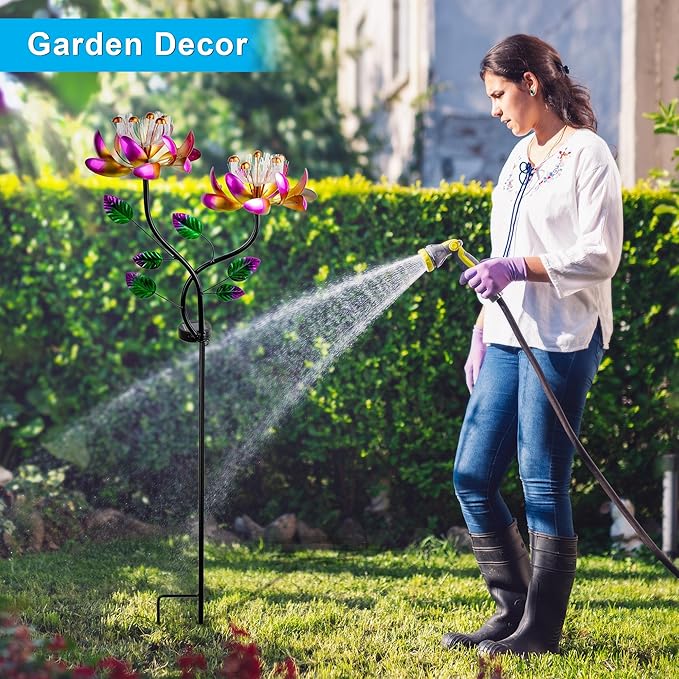 55'' Solar Powered Kinetic Wind Spinner Sculpture Pink Lotus Metal Stake Spinner for Patio, Lawn and Garden Decor Weather-Resistant Outdoor Art with Dual Lotus Design