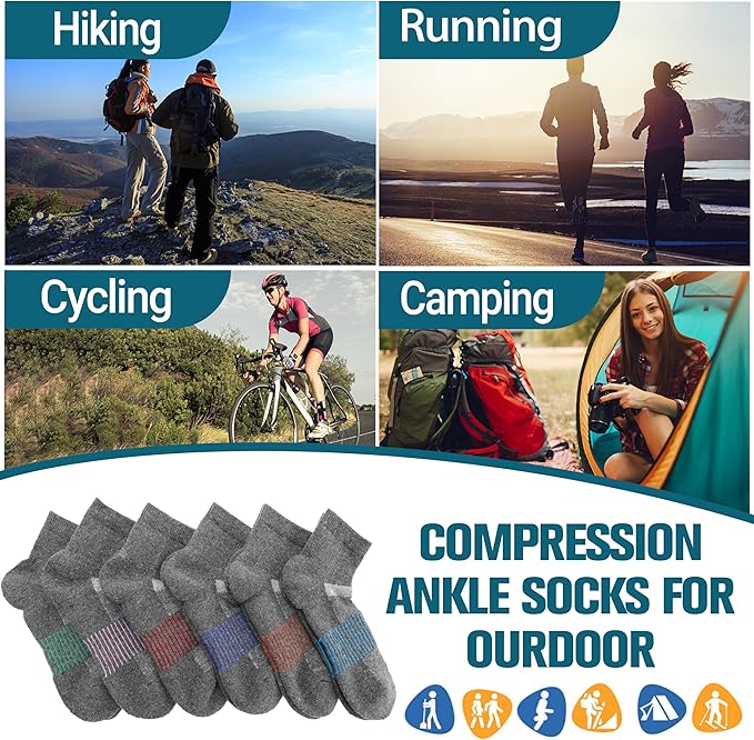 6 Pairs Merino Wool Ankle Running Hiking Socks Compression Support Breathable Thick Cushion No Show Socks for Women Men
