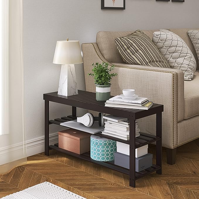 SMIBUY Sturdy Bamboo Shoe Rack Bench, 3-Tier Shoe Organizer, Storage Shelf for Entryway Hallway Bathroom Living Room (Dark Brown)