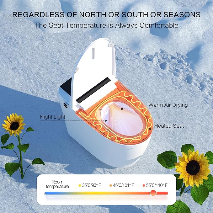Smart Toilet with Built-In Tank & Pump, Heated Seat, Auto Dual Flush, Warm Bidet & Dryer Function, Foot Sensor, Night Light & LED Display, Wireless Remote, 1.28GPF