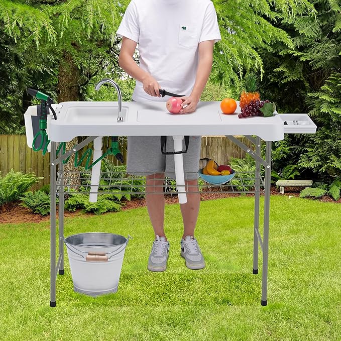 Dragosum 42'' Outdoor Fish Cleaning Table Portable Camping Sink Station with Double Sinks, Collapsible Swivel Faucet, Picnic Sink Table with 6pc Fish Cleaning Kit for Picnic Beach Patio (Grey)