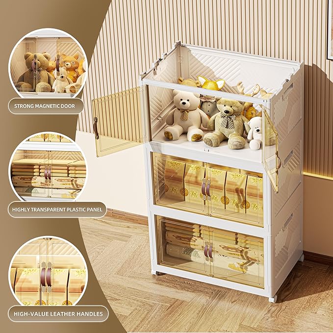 312 QT / 78 Gal Stackable Collapsible Storage Bins with Magnetic Doors & Wheels - Space-Saving Plastic Organizer Cabinet for Closet, Office, Home (White)