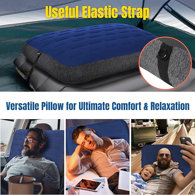TREKOLOGY Camping Pillow - Large Inflatable (24"x15") for Home-Like Comfort, Portable & Ergonomic, Easy to Clean, Durable & Leak-Proof, Removable Strap for Secure Fit – ALUFT Ultra (Blue)