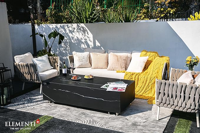 Elementi+ | Bundle Varna Gas Fire Pit | Marble Porcelain & Metal Frame | 60" Rectangular Fire Table | Electronic Ignition | Canvas Cover, Fire Glass & Burner Lid Included | Black | Natural Gas