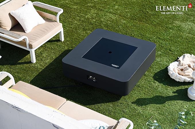 Elementi+ | Bundle Bergamo Gas Fire Pit Cast Concrete 42" Square Fire Table, Outdoor Fire Pit Electronic Ignition | Canvas Cover, Fire Glass and Burner Lid Included | Dark Gray | Natural Gas