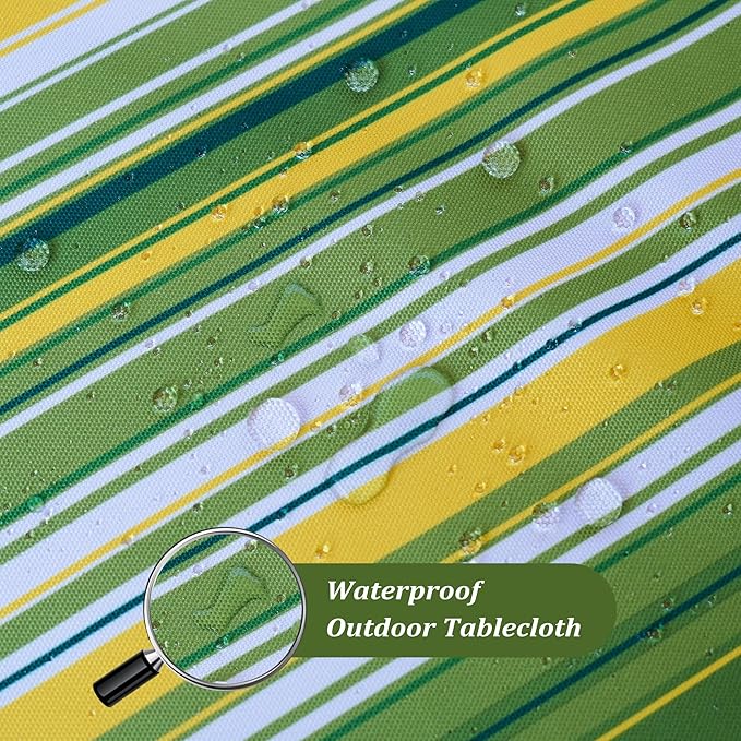 SquarePie Outdoor Tablecloth Rectangle 60x104 inch Spillproof Water Resistant Table Linen Cloth with Umbrella Hole and Zipper for Parties BBQs Host Backyard, Green Stripe