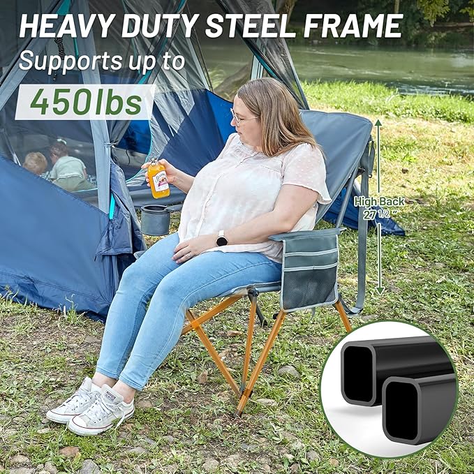 TIMBER RIDGE Oversized Camping Chair with Lumbar Support, Portable Folding Chair Heavy Duty for Adults Supports 450 LBS for Outdoor Camping, Lawn, with High Back, Cup Holder, Side Pocket - Grey
