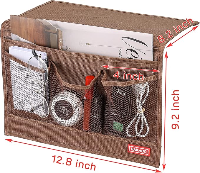 HAKACC Bedside Organizer, Bedside Storage Caddy Organizer with Hanging Pocket, Remote Holder for Bed Accessories, Brown