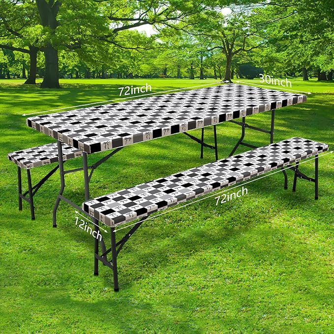 Picnic Table Cover with Bench Covers, Checkered Bownot Elastic Edges Waterproof Windproof Camping Essentials, Camping Fitted Tablecloth with Drawstring Bag, Pink White, 72in, Black White