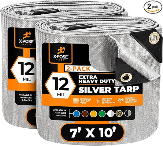 Heavy Duty Silver Poly Tarp 7' X 10' (2-Pack) - Multipurpose Protective Cover - Durable, Waterproof, Weather Proof, Rip and Tear Resistant - Extra Thick 12 Mil Polyethylene - by Xpose Safety