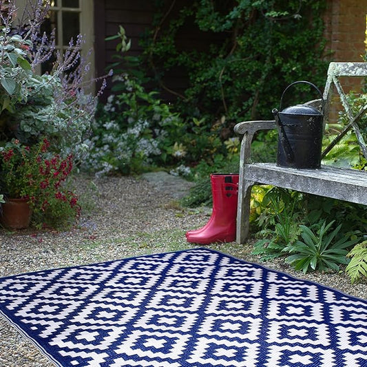 FH Home Outdoor Rug - Waterproof, Fade Resistant, Reversible - Premium Recycled Plastic - Geometric - Patio, Porch, Deck, Balcony - Aztec - Blue & White Crease Free - 5 x 8 ft