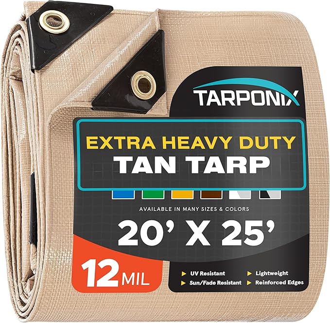 20' x 25' Extra Heavy-Duty Tan Poly Tarp – 12 Mil Thick, Waterproof, UV-Resistant Polyethylene with Reinforced Edges, Double-Stitched Hems, and Rustproof Grommets