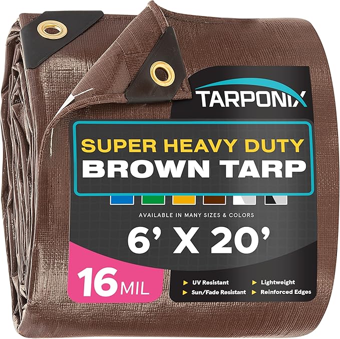 Super Heavy-Duty Brown Tarp 6' x 20' – 16 Mil Thick, All-Weather Waterproof Cover with Reinforced Edges and Sturdy Grommets
