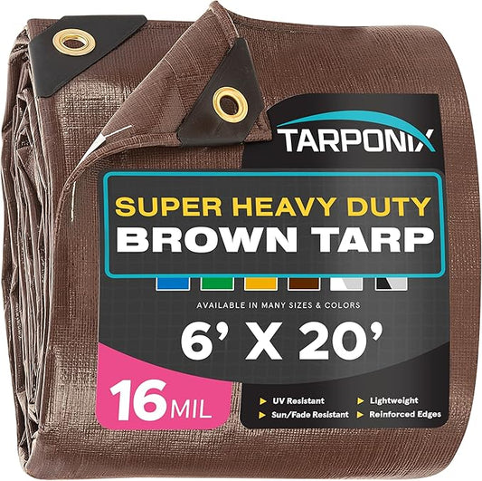 Super Heavy-Duty Brown Tarp 6' x 20' – 16 Mil Thick, All-Weather Waterproof Cover with Reinforced Edges and Sturdy Grommets