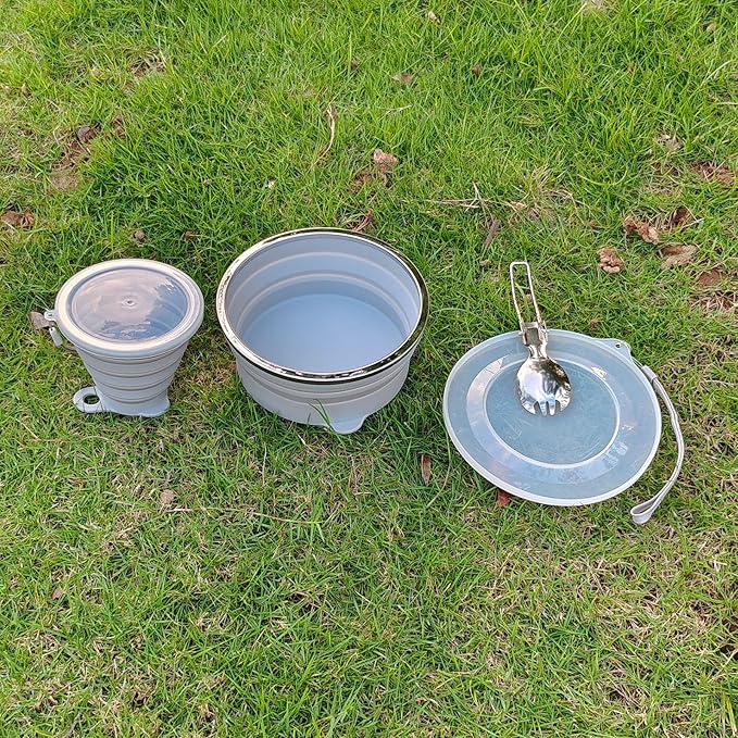 Mess Kit for Camping Silicone Collapsible Bowl Collapsible Cup and Stainless Steel Spoon for Backpacking Outdoor Hiking Traveling and Picnic