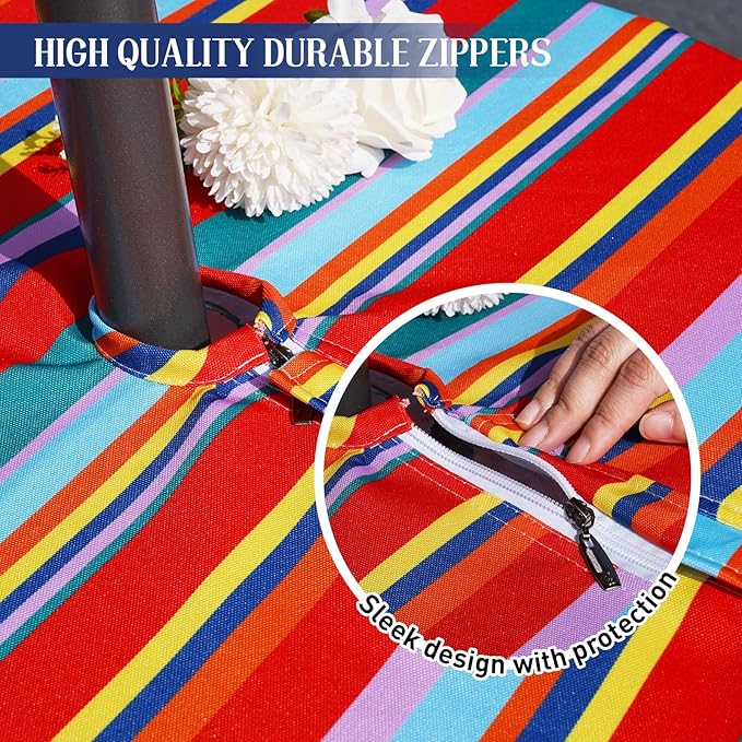 Poise3EHome 60X84 Outdoor/Indoor Waterproof Spillproof Rectangle Tablecloth with Umbrella Hole Zipper for Camping, Picnic, Party, Patio Table, Spring, Color Stripe