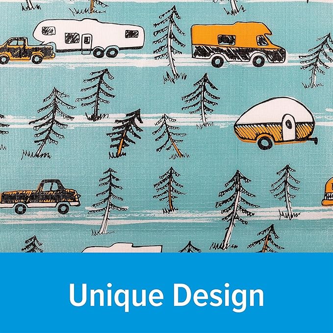 Camco Life is Better at The Campsite Tablecloth with Bench Covers | Provides a Clean Eating Surface for Outdoor Activities | Features an RV and Tree Sketch Design | (53380)