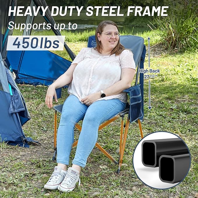 TIMBER RIDGE Oversized Camping Chair with Lumbar Support, Portable Folding Chair Heavy Duty for Adults Supports 450 LBS for Outdoor Camping, Lawn, with High Back, Cup Holder, Side Pocket - Blue