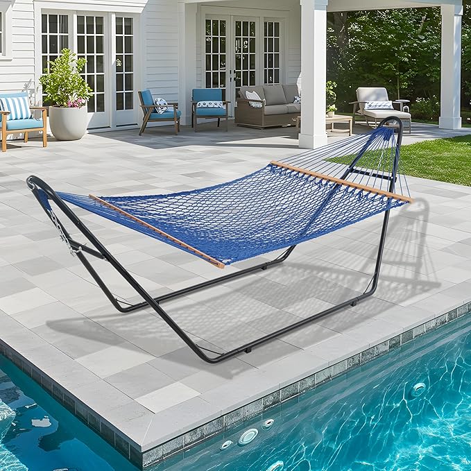 Lazy Daze Hammocks 12FT Double Rope Hammocks, 2 Person Hand Woven Cotton Hammock with Spreader Bar for Outdoor, Indoor, Patio, Poolside, FIT 13-15 Foot Stand, Max 450 Lbs, Blue, 141 x 57 inches