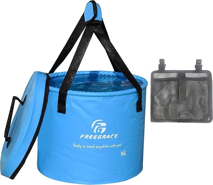 Premium Collapsible Bucket by Freegrace - Compact Portable Folding Water Container - Lightweight & Durable - Includes Handy Tool Mesh Pocket