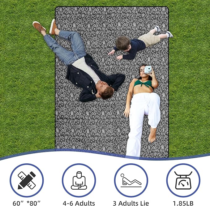 Outdoor Picnic Blanket Black Fish 60"x80" Sandproof Beach Blanket Waterproof Picnic Blankets Foldable for Caming, Beach, Outdoor Activities.