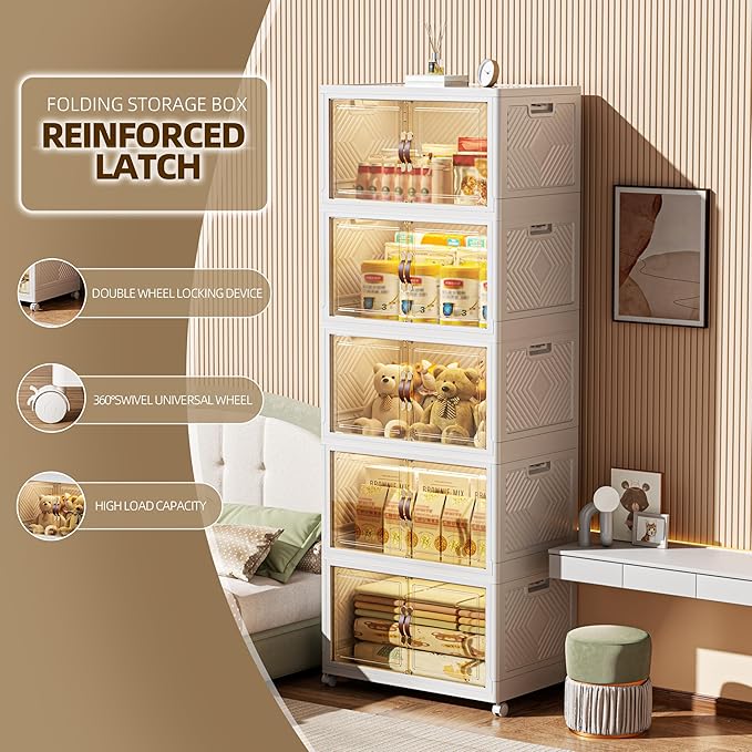 520 QT / 130 Gal Stackable Collapsible Storage Bins with Magnetic Doors & Wheels - Space-Saving Plastic Organizer Cabinet for Closet, Office, Home (White)