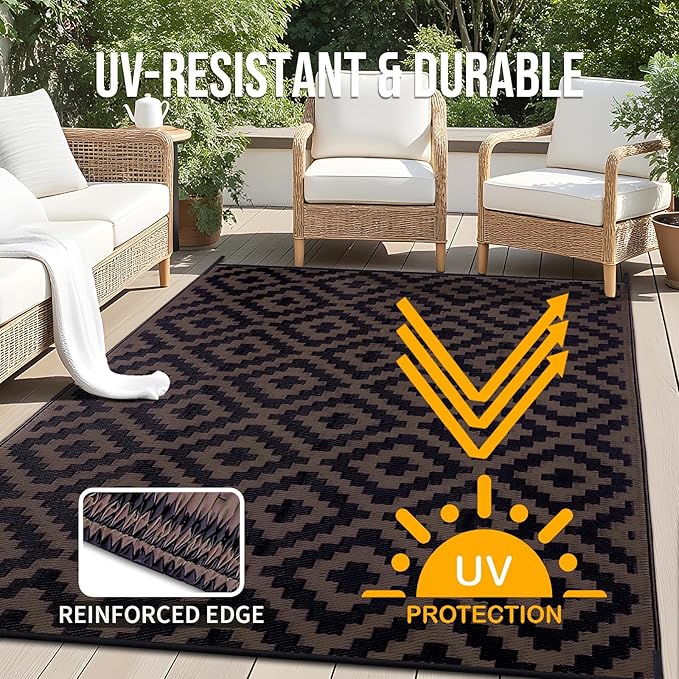 OLANLY Waterproof Outdoor Rug 10x14 ft, Outdoor Plastic Straw Rug for Camping, RV Mat Outside, Outdoor Carpet for Porch, Deck, Backyard, Balcony, Picnic, Black & Brown