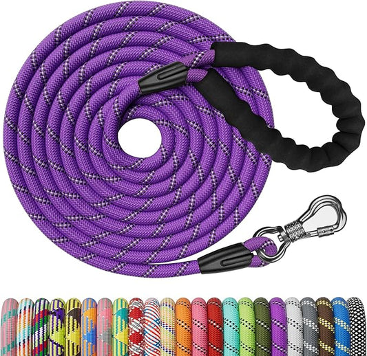 NTR 25FT Training Leash for Dog, Purple Rope Leash with Swivel Lockable Hook, Reflective Thread, Padded Handle, Dog Lead line for Walking, Hunting, Camping, Backyard for Small Medium Large Dog