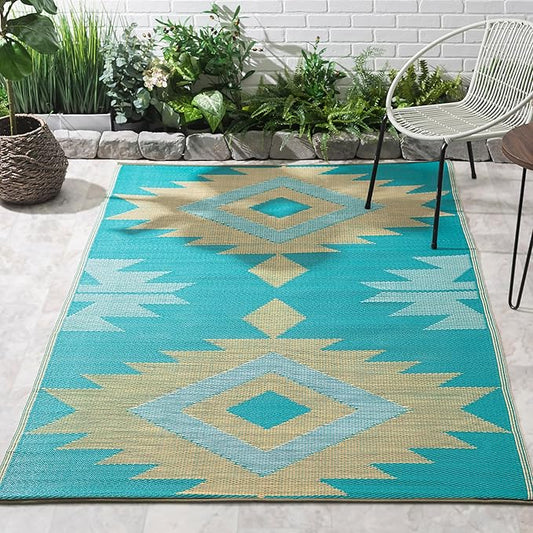 FH Home Outdoor Rug - Waterproof, Fade Resistant, Reversible - Premium Recycled Plastic - Geometric - Patio, Deck, Porch, Balcony - Bursa Kilim - Teal Crease Free - 4 x 6 ft