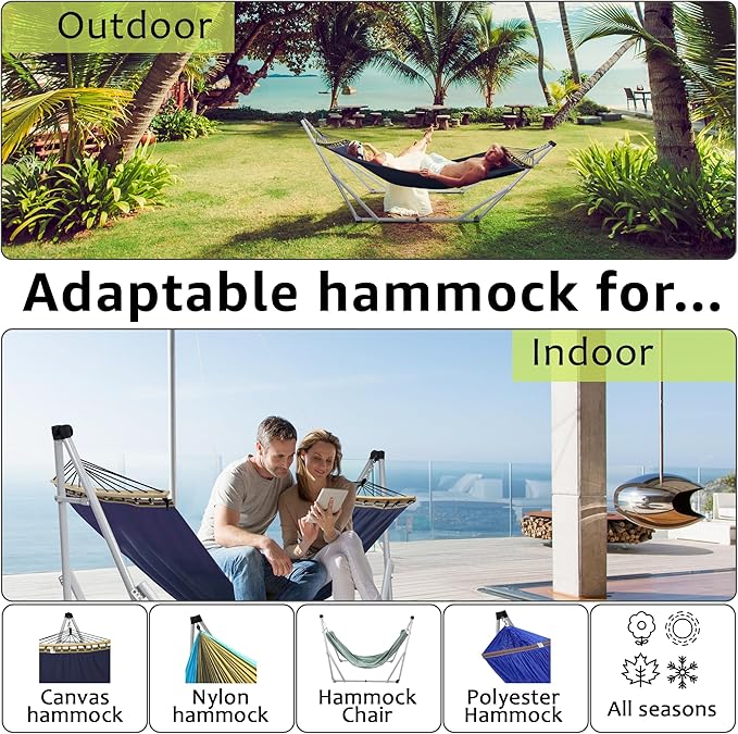 Tranquillo Ultimate Relaxation Portable Hammock Stand, Foldable Hammock Stand with Canvas Hammock, Spreader Bar, Quick Fold Unfold in 30 Seconds Steel Frame Hammock 600 lbs Capacity, White/Navy