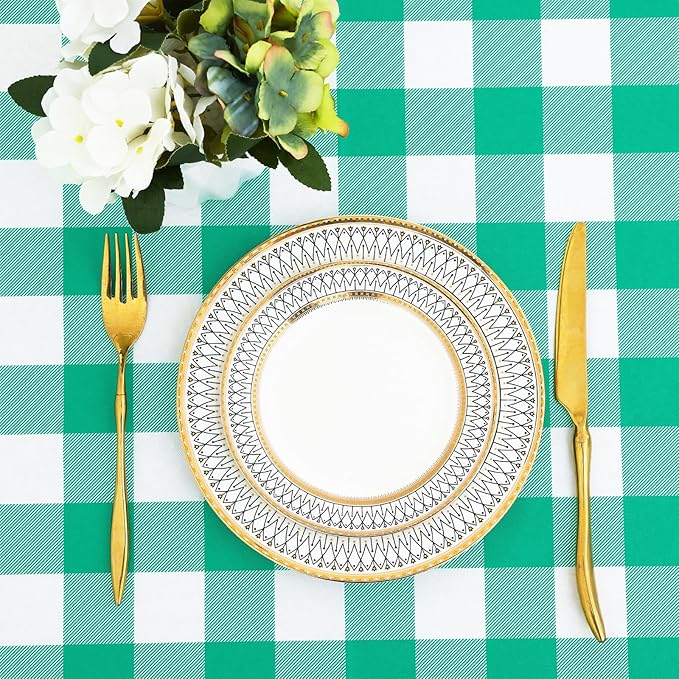 misaya Rectangle Waterproof Vinyl Table Cloth, Buffalo Flannel Backed Tablecloth, Wipeable Plastic Table Cover for Dinner, Kitchen, Outdoor (54" x 108", Green and White)