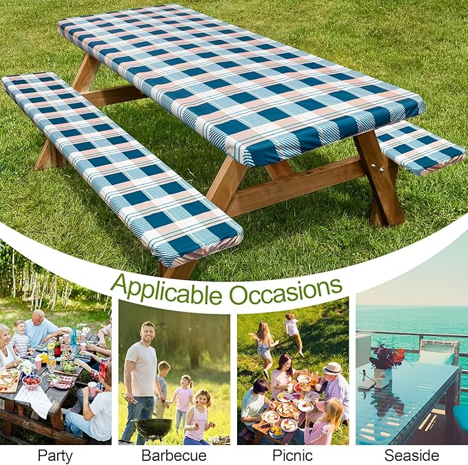 Picnic Table Cover with Bench Covers Camping Essentials Waterproof Windproof Camping Tablecloth with Drawstring Bag, Fitted Rectangle Tables and Seats, 72in, Green Checkered