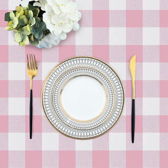 misaya Rectangle Waterproof Vinyl Table Cloth, Buffalo Flannel Backed Tablecloth, Wipeable Plastic Table Cover for Dinner, Kitchen, Outdoor (60" x 84", Pink and White)