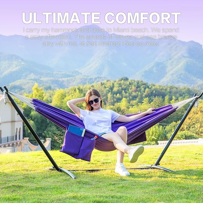 PNAEUT Double Hammocks with Stand for Outside, Portable Space Saving Heavy-Duty Steel Stand for Indoor Outdoor Patio with Carrying Bag, 450 lbs Capacity (Purple)