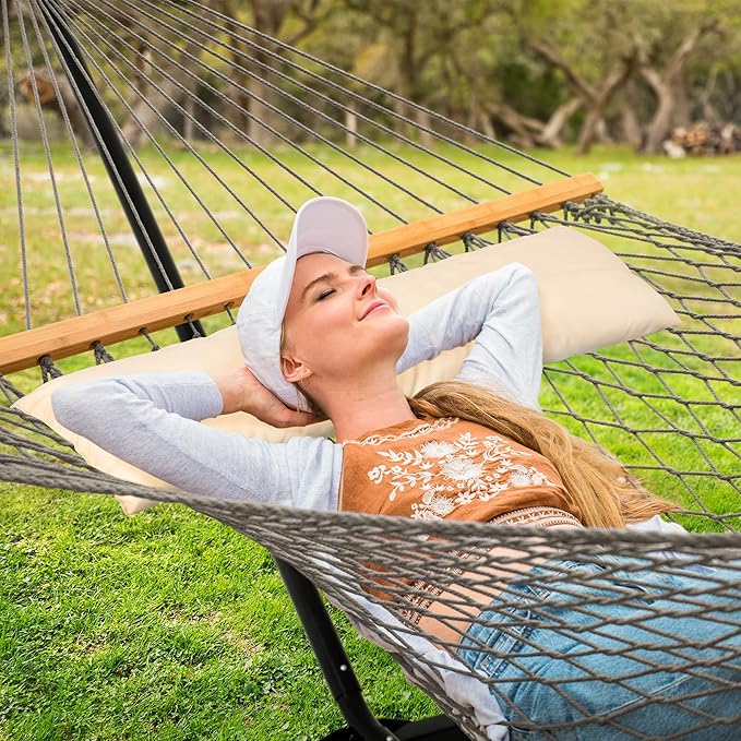 SUNCREAT Rope Hammock with Stand Included, Portable Double Hammock with Soft Pillow, Gray
