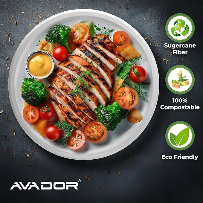 AVADOR® Compostable Tableware 100% Eco-Friendly & Biodegradable Dinnerware Eco-Conscious, Disposable, and 100% Biodegradable (10 inch Round Plates Pack of 150)