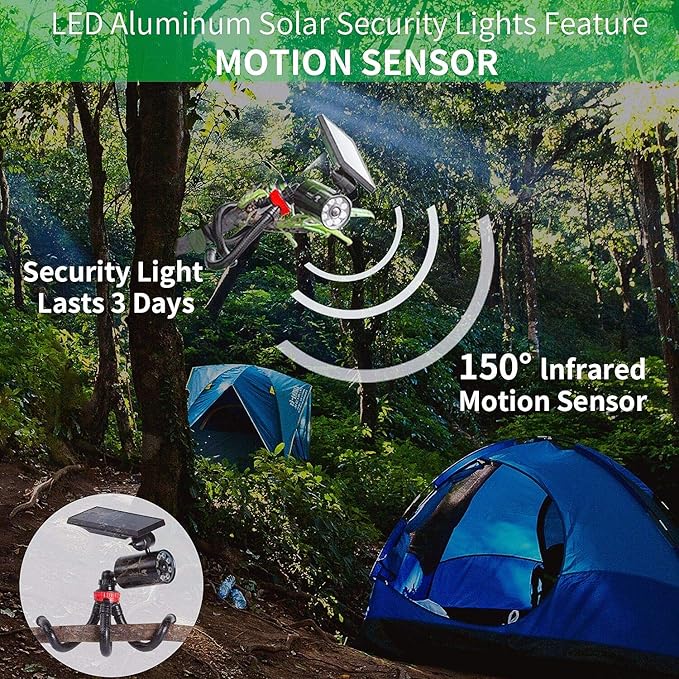 Solar Motion Sensor Camping Lights Aluminum Case, 100-Week FREE Refund/Replacement, Solar Spot Light Outdoor Waterproof Motion Sensor Security Lights for Yard Deck Camp Post Step Hunting Hiking