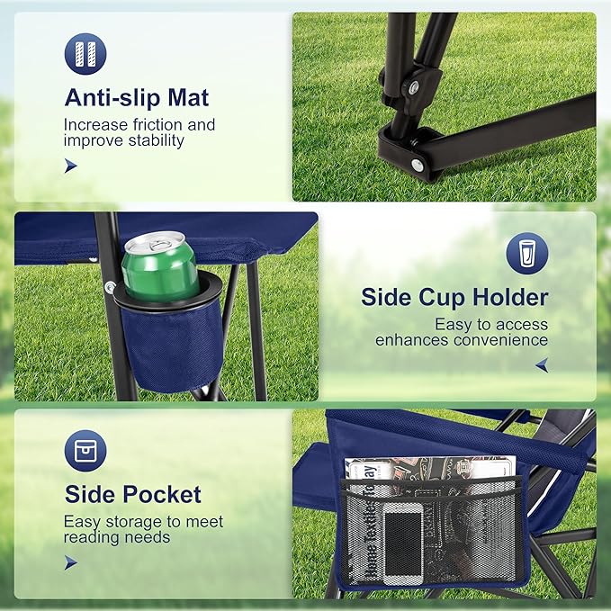 LET'S CAMP Oversized Camping Chairs 29.52" High Back Heavy Duty Lawn Chair Support 500LBS, Portable Collapsible Chair with Cup Holder, Side Pocket(Blue)
