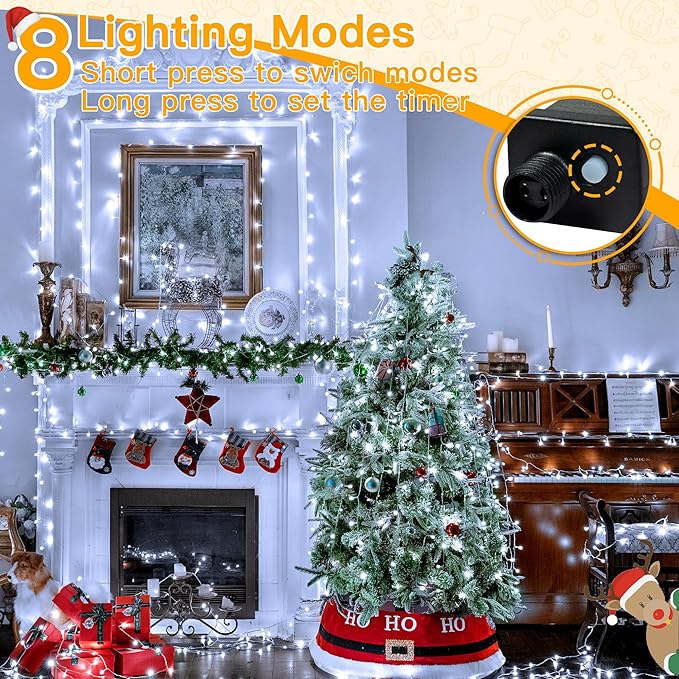 Ollny Christmas Lights Outdoor 200LED 60FT, Cool White Connectable Plug in Fairy Light Indoor, 8 Modes Waterproof Timer Plug in LED String Lights for House Outside Bedroom Patio Balcony
