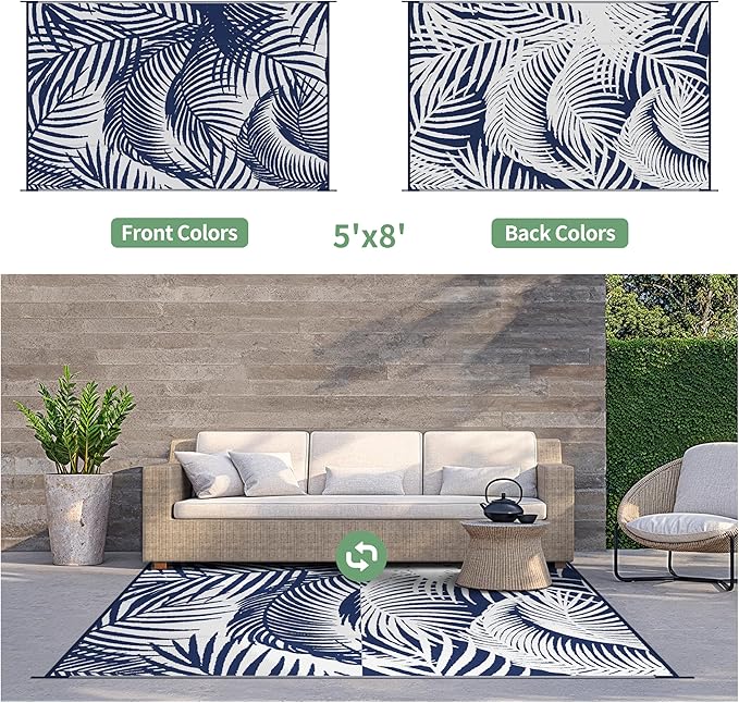 GENIMO Outdoor Rug 5' x 8' Waterproof for Patio Clearance, Reversible Plastic Straw Camping Carpet, Lightweight Mats for Rv, Backyard, Deck, Porch, Picnic, Beach, Balcony, Blue & White