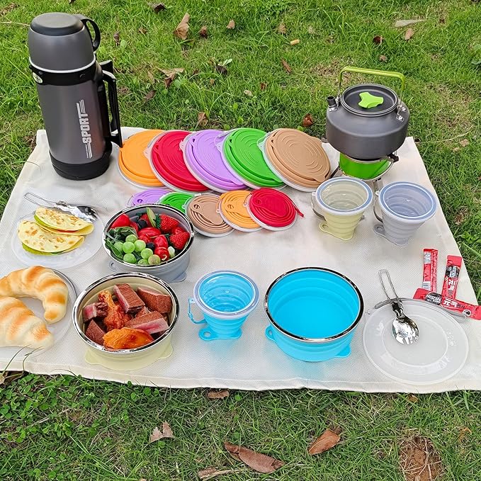 Mess Kit for Camping Silicone Collapsible Bowl Collapsible Cup and Stainless Steel Spoon for Backpacking Outdoor Hiking Traveling and Picnic