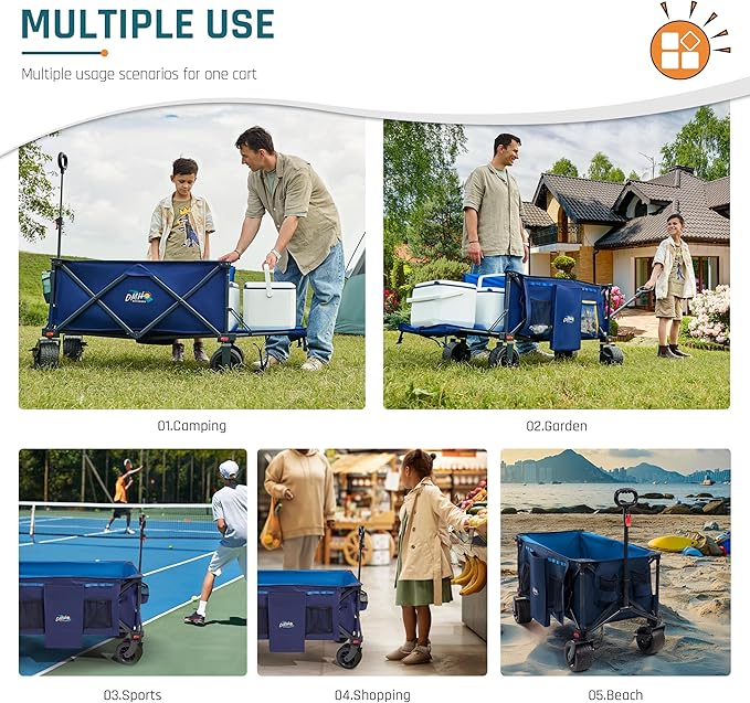 53.5" Extra Long Collapsible Wagon with Tailgate, 325lbs Heavy Duty Utility Folding Cart with All-Terrain 8"x 4.25" Big Wheels and Brakes, Foldable Beach Wagon for Garden Sports Camping Shopping