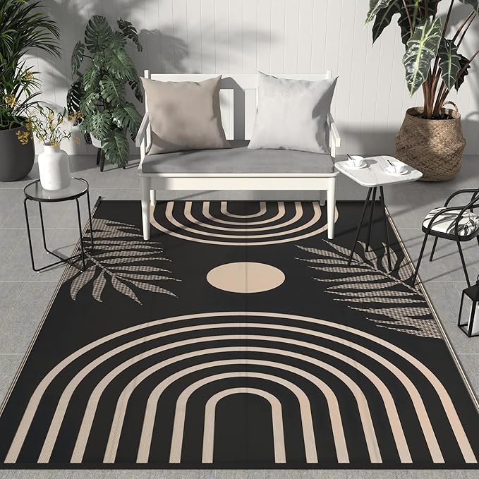 GENIMO Outdoor Rug 8' x 10' Waterproof for Patio Clearance, Reversible Lightweight Plastic Straw Camping Carpet, Large Area Rugs Mats for Rv, Backyard, Deck, Porch, Picnic, Balcony, Mix-Black & Beige