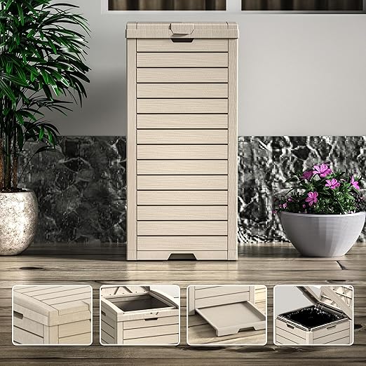 Vixzen 38Gallon Outdoor Trash Can with Lid,Waterproof Resin Waste Bin,Lightweight,Large Sturdy Garbage Bin for Patio,Kitchen,Backyard,Gray