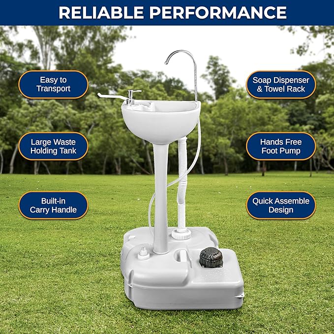 SereneLife Portable Hand Wash Sink, 24L Waste Tank, Rolling Wheels, Quick Assembly Outdoor Sink With Hands Free Foot Pump and Soap Dispenser, Ideal for Outdoor Events, Camping, Boating and Worksites